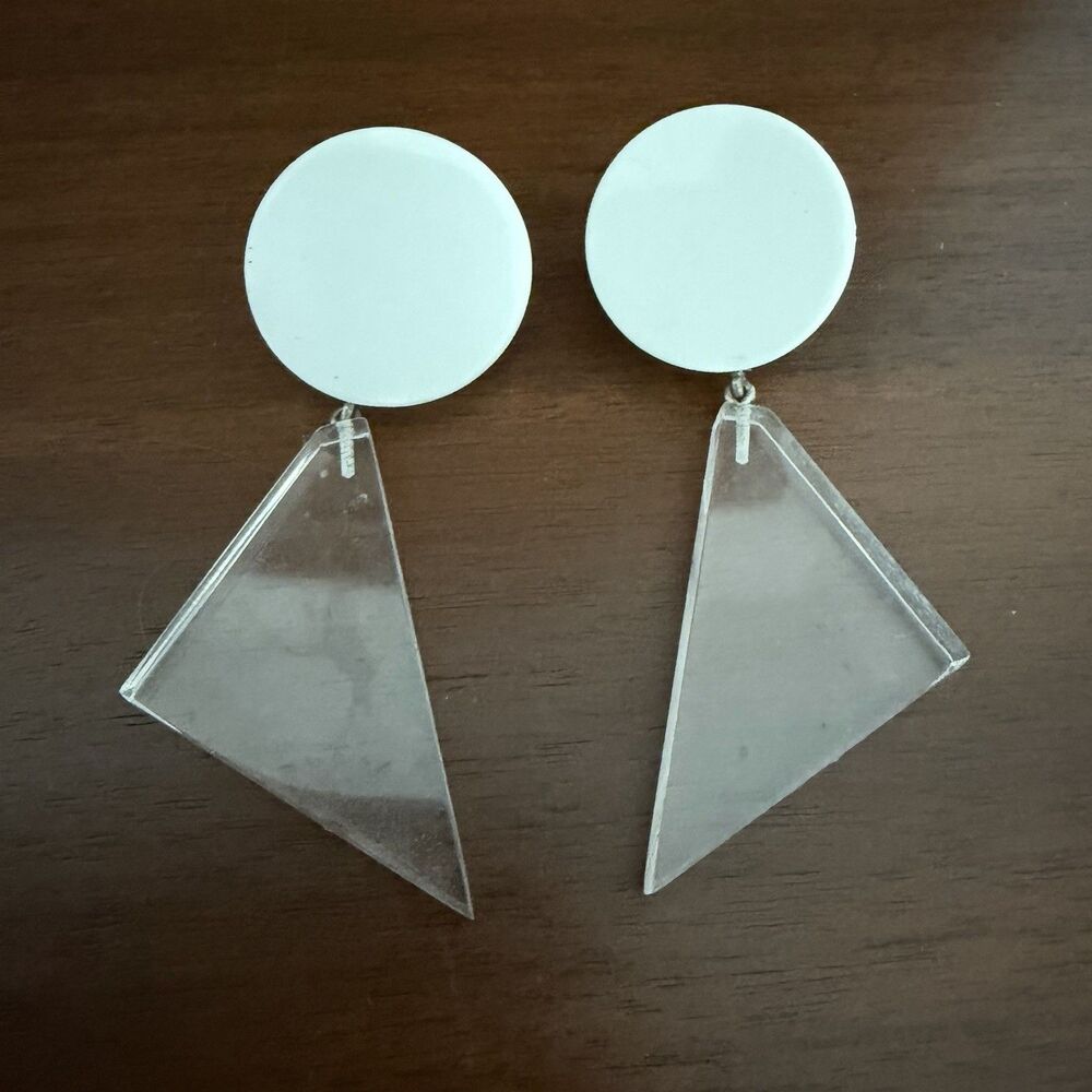 Vintage Clear Lucite Geometric Triangle Dangle Pierced Earrings 3”